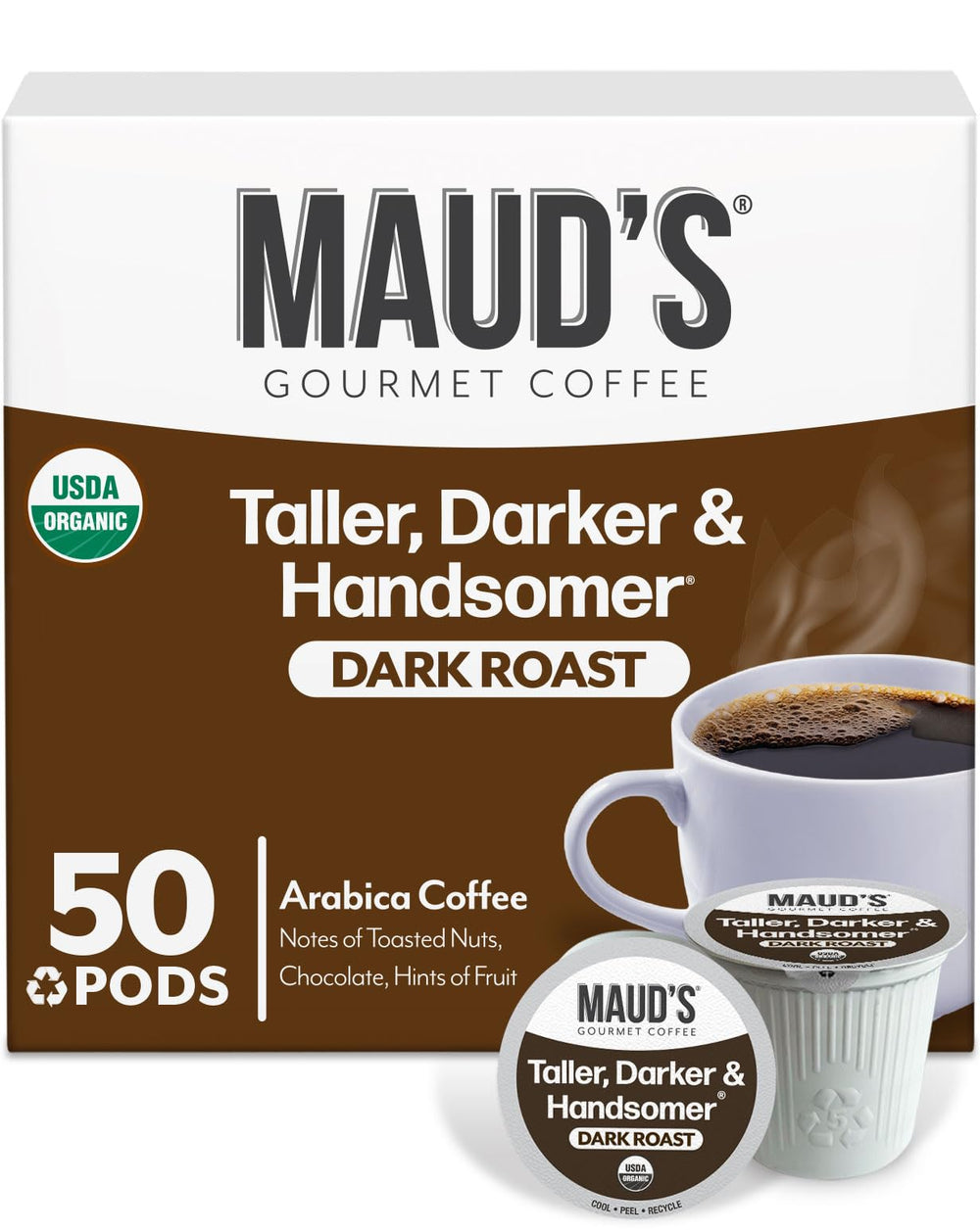 Maud's dark roast pods in packaging offer bold flavor at home.
