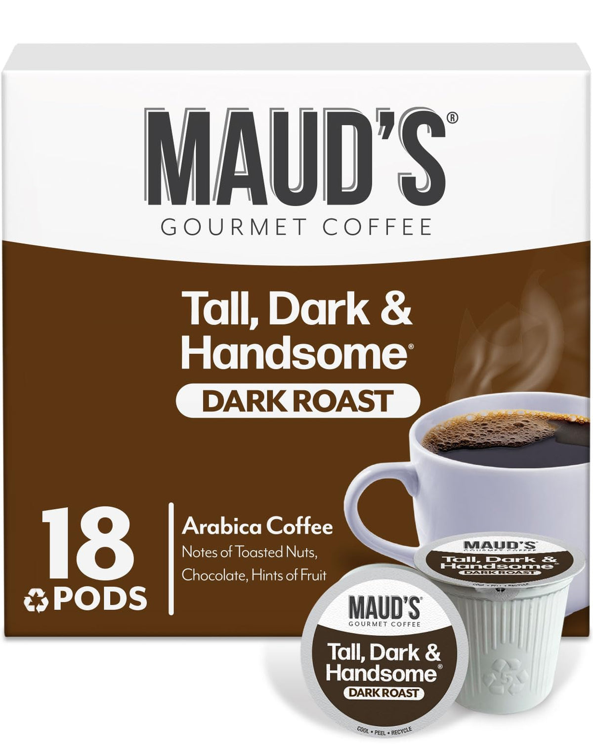 Maud's dark roast pods in box front, ideal for quick, bold morning coffee.