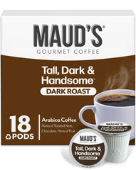 Maud's dark roast pods in box front, ideal for quick, bold morning coffee.