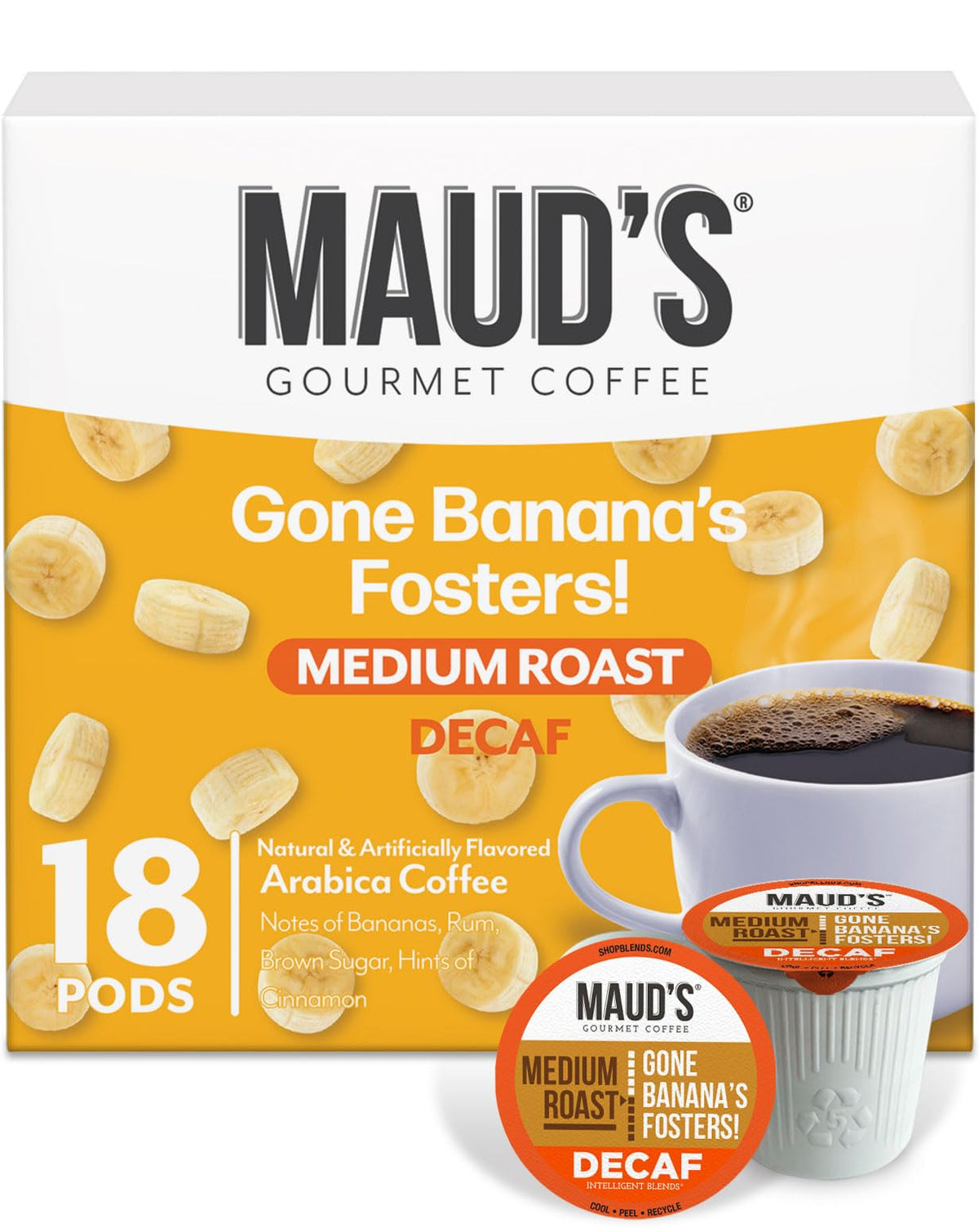 Maud's Decaf Banana Foster Pods for Keurig deliver smooth flavor with caffeine-free comfort.