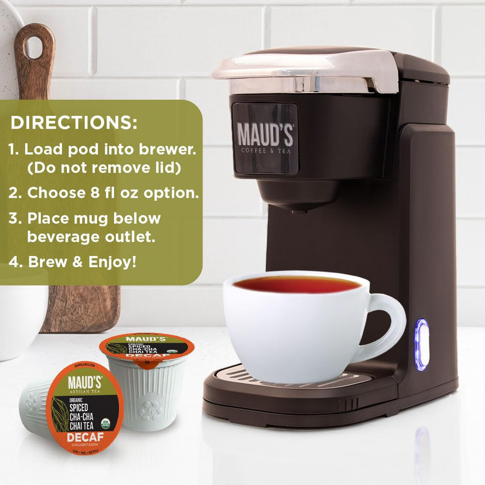 Maud's Decaf Chai Pods organic label highlights organic sourcing and solar production.