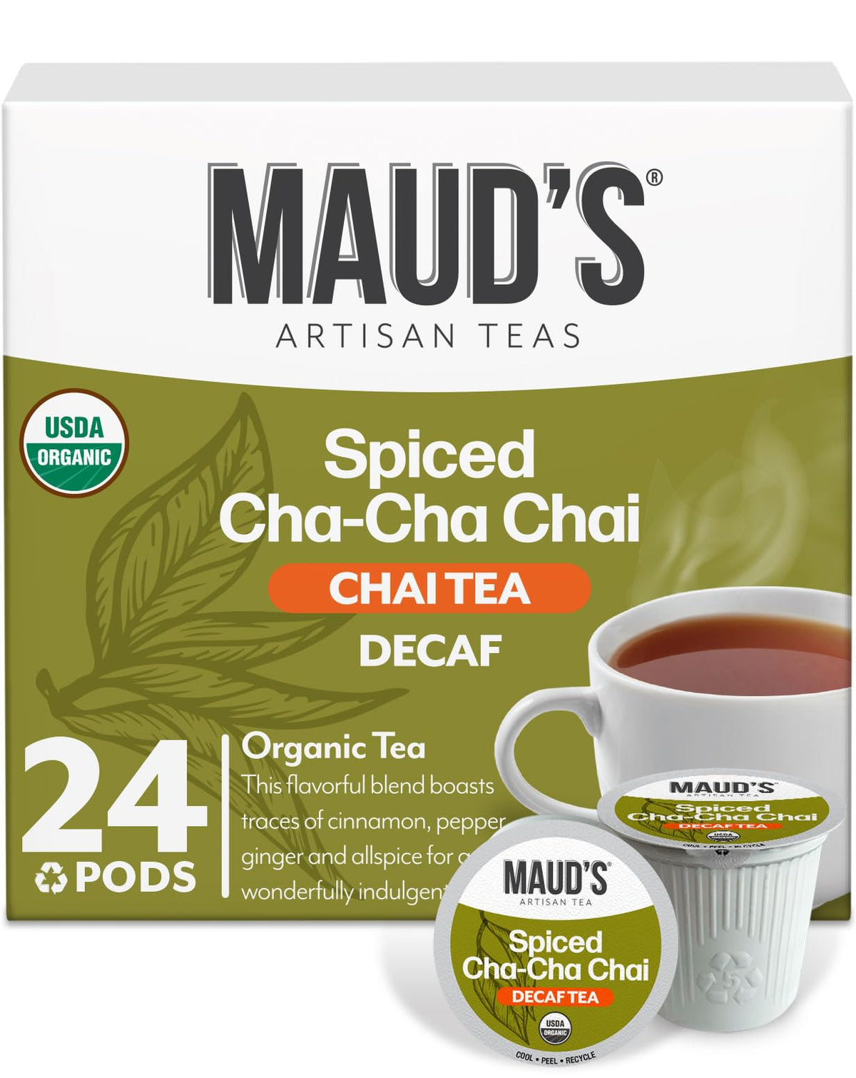 Maud's Organic Decaf Chai Pods packaging highlighting sustainable, premium quality.