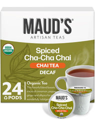 Maud's Organic Decaf Chai Pods packaging highlighting sustainable, premium quality.