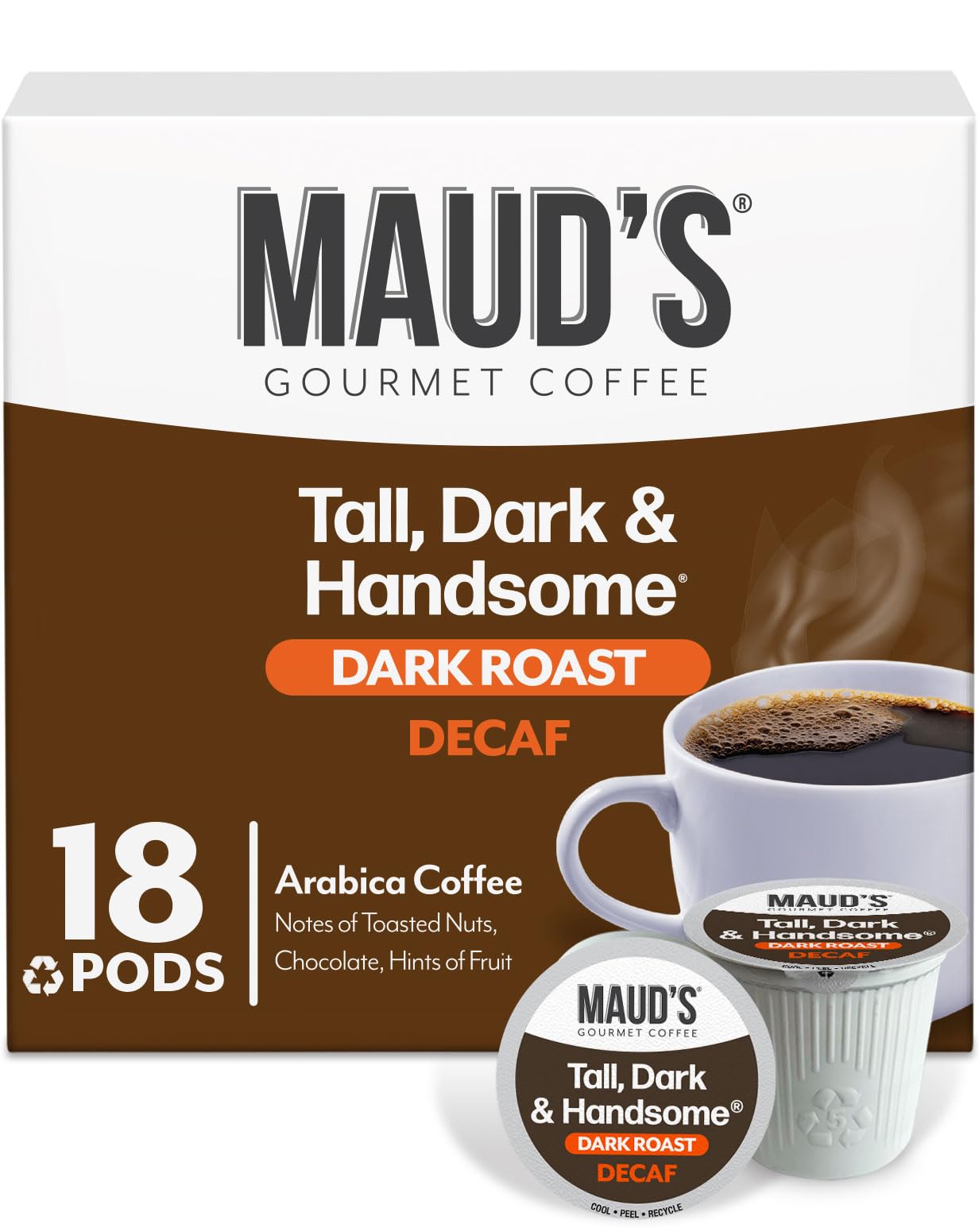Maud's Decaf Dark Roast pods in 18-count box ready for home brewing