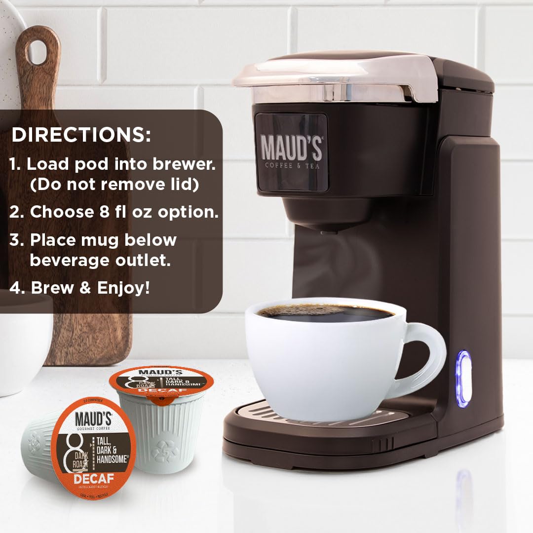 Maud's Decaf Dark Roast branding on a family-owned coffee product