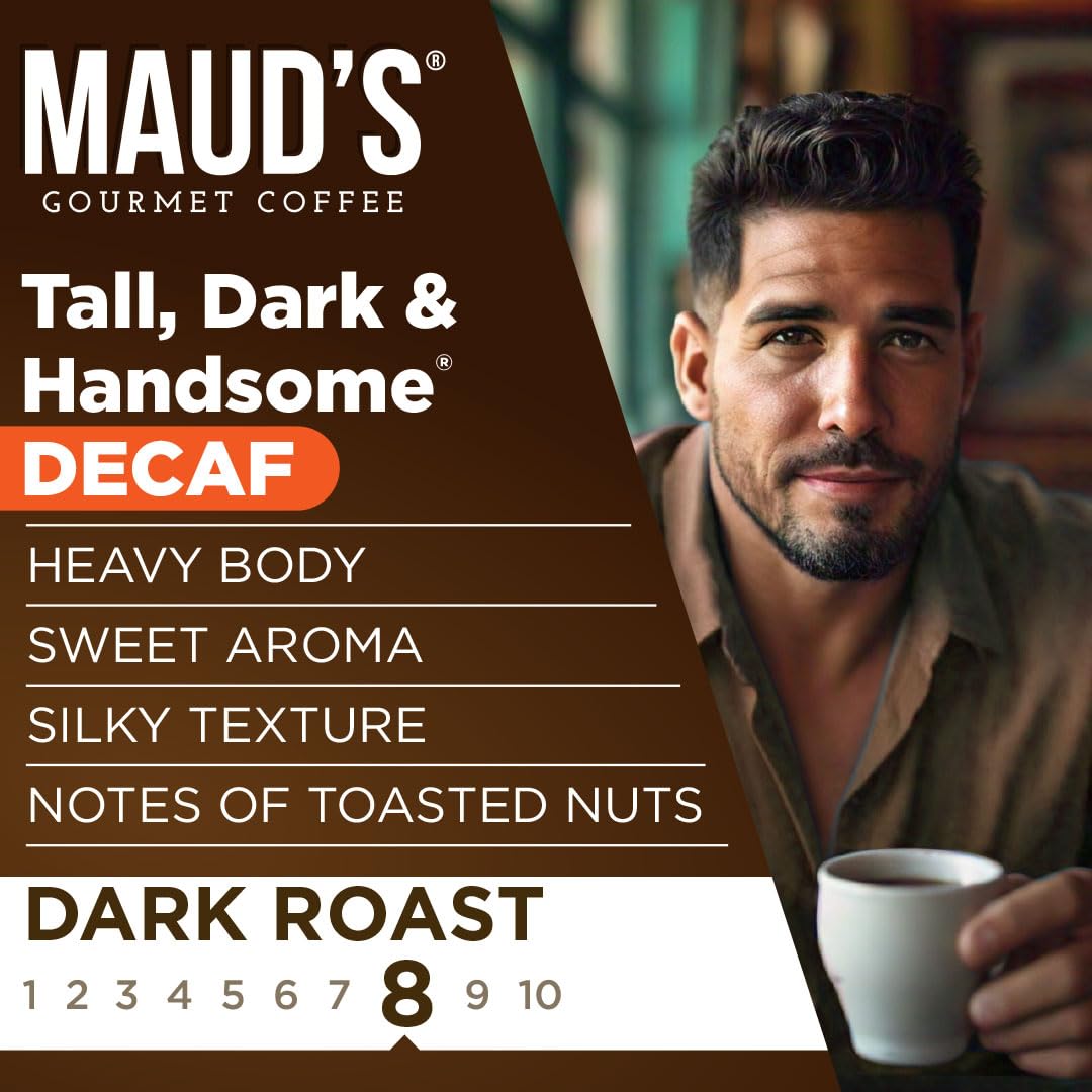 Steaming cup of Maud's Decaf Dark Roast highlighting rich aroma