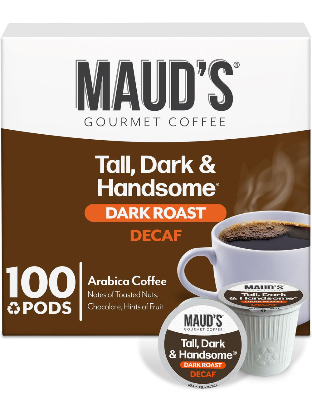 Maud's decaf dark roast pods showcase rich aroma and full body for tasteful evenings.