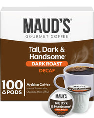 Maud's decaf dark roast pods showcase rich aroma and full body for tasteful evenings.