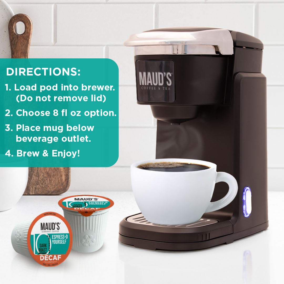 Maud's Decaf Espresso Pods pour into cup, rich aroma and caffeine-free option.