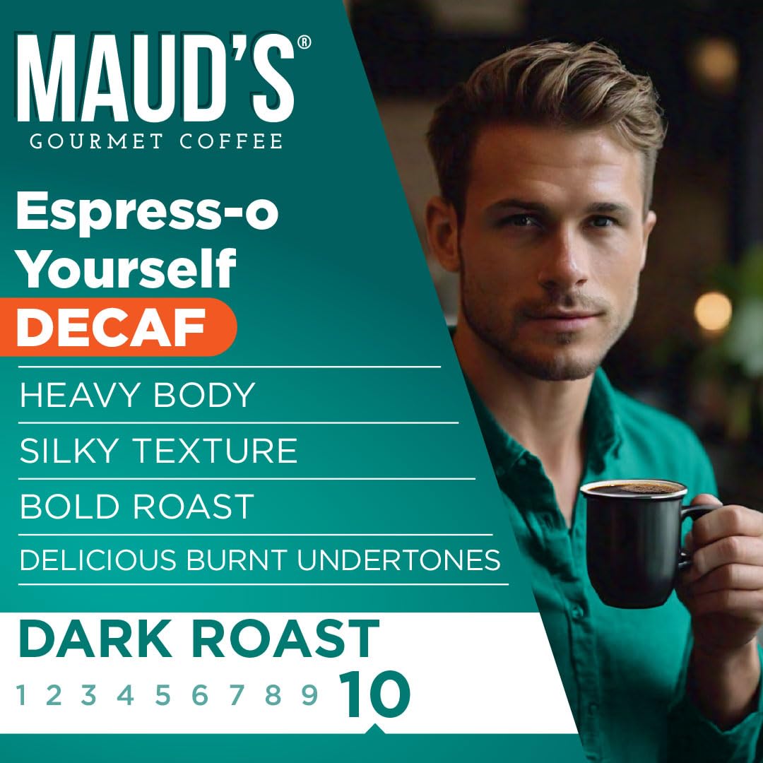 Maud's Decaf Espresso Pods on counter, compatible with Keurig machines.