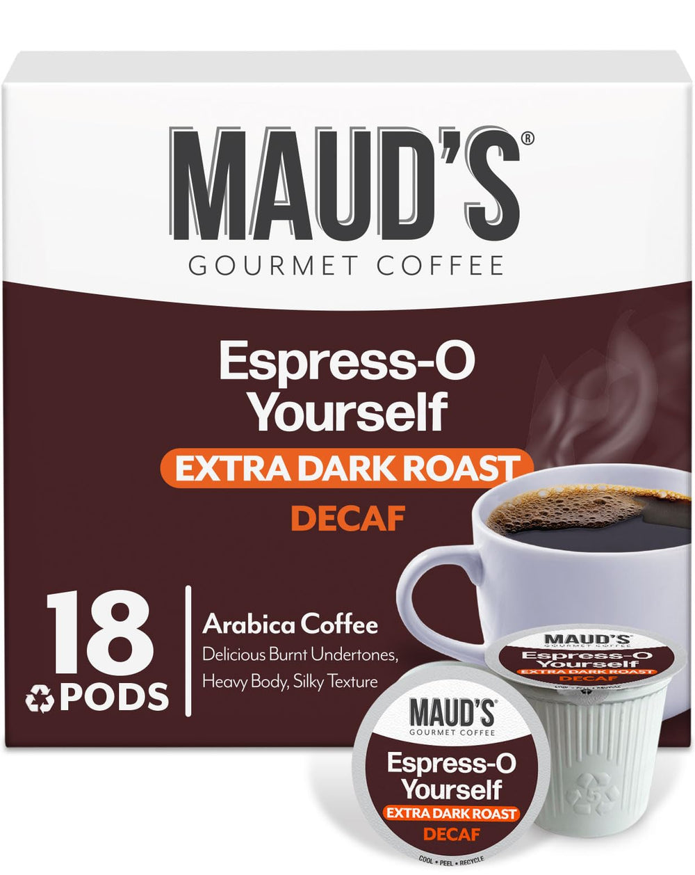 Maud's Decaf Espresso Pods packshot showing bold flavor and sustainable sourcing.