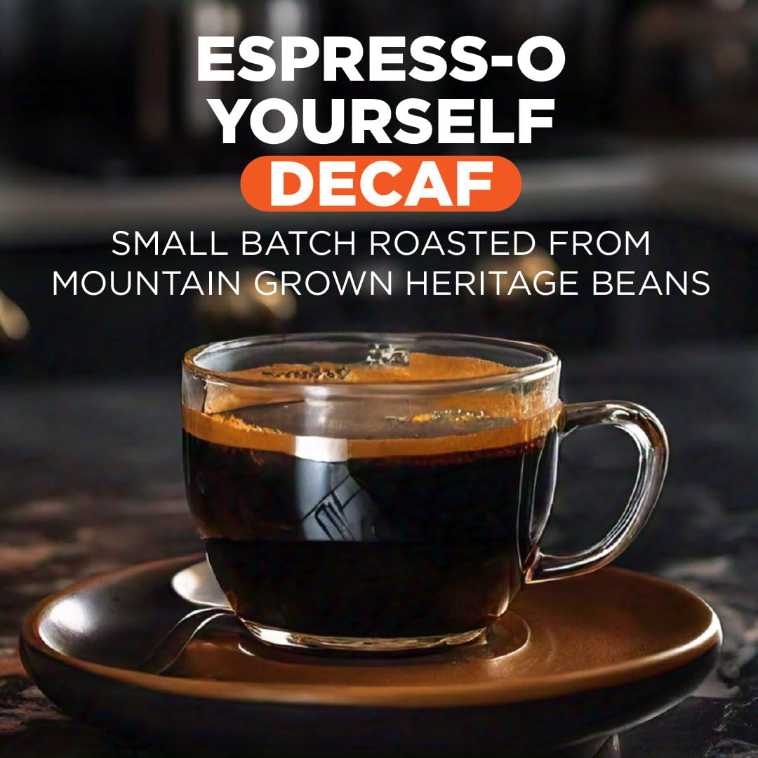 Maud's Decaf Espresso Pods with steaming cup, inviting aroma and flavor.