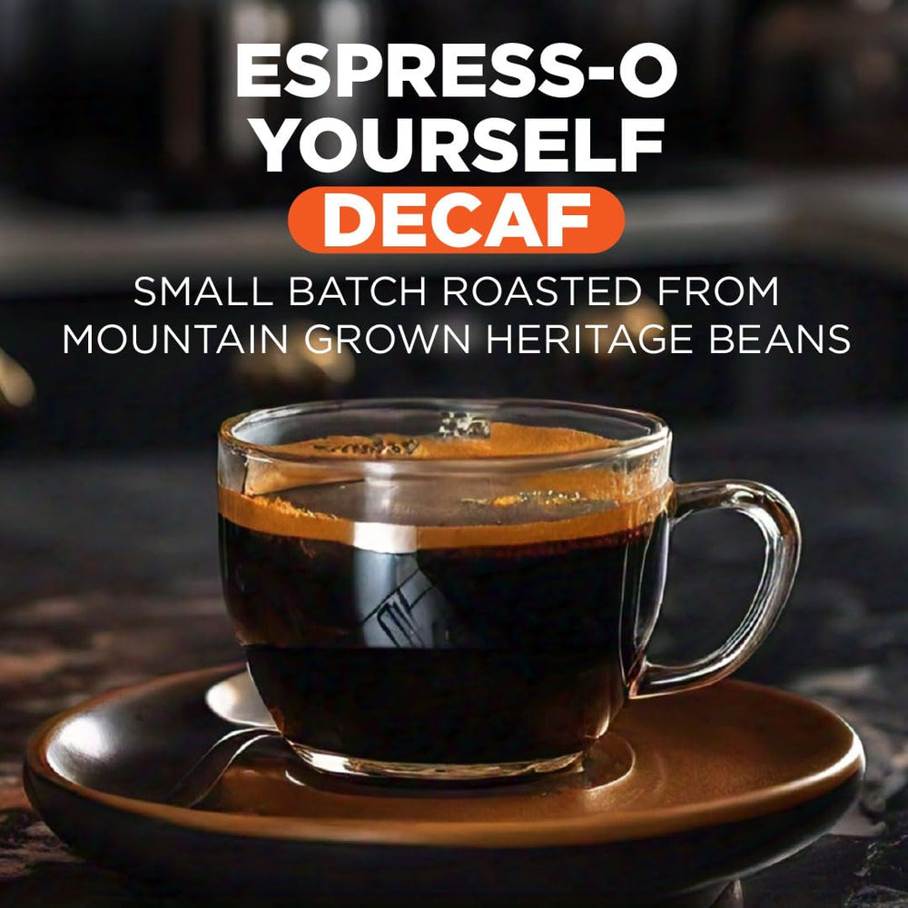 Maud's Decaf Espresso Pods with steaming cup, inviting aroma and flavor.