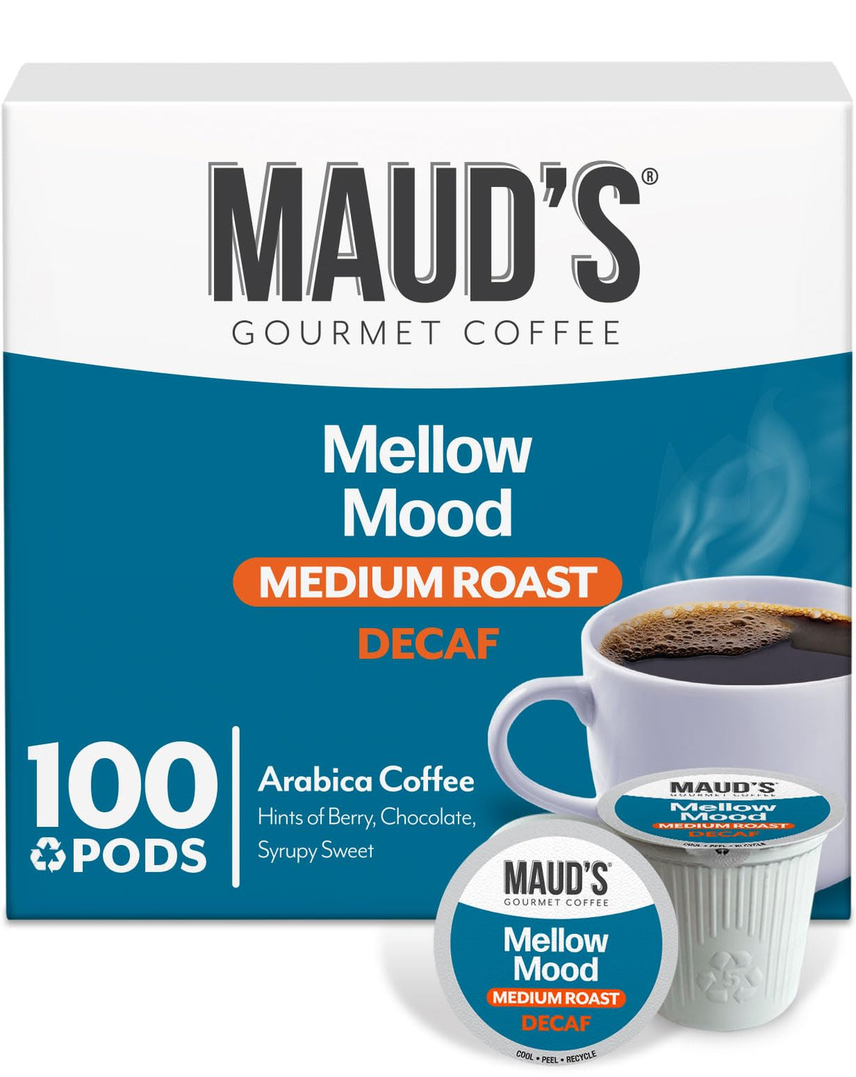 Maud's Decaf Medium Roast pods display packaging for convenient mornings