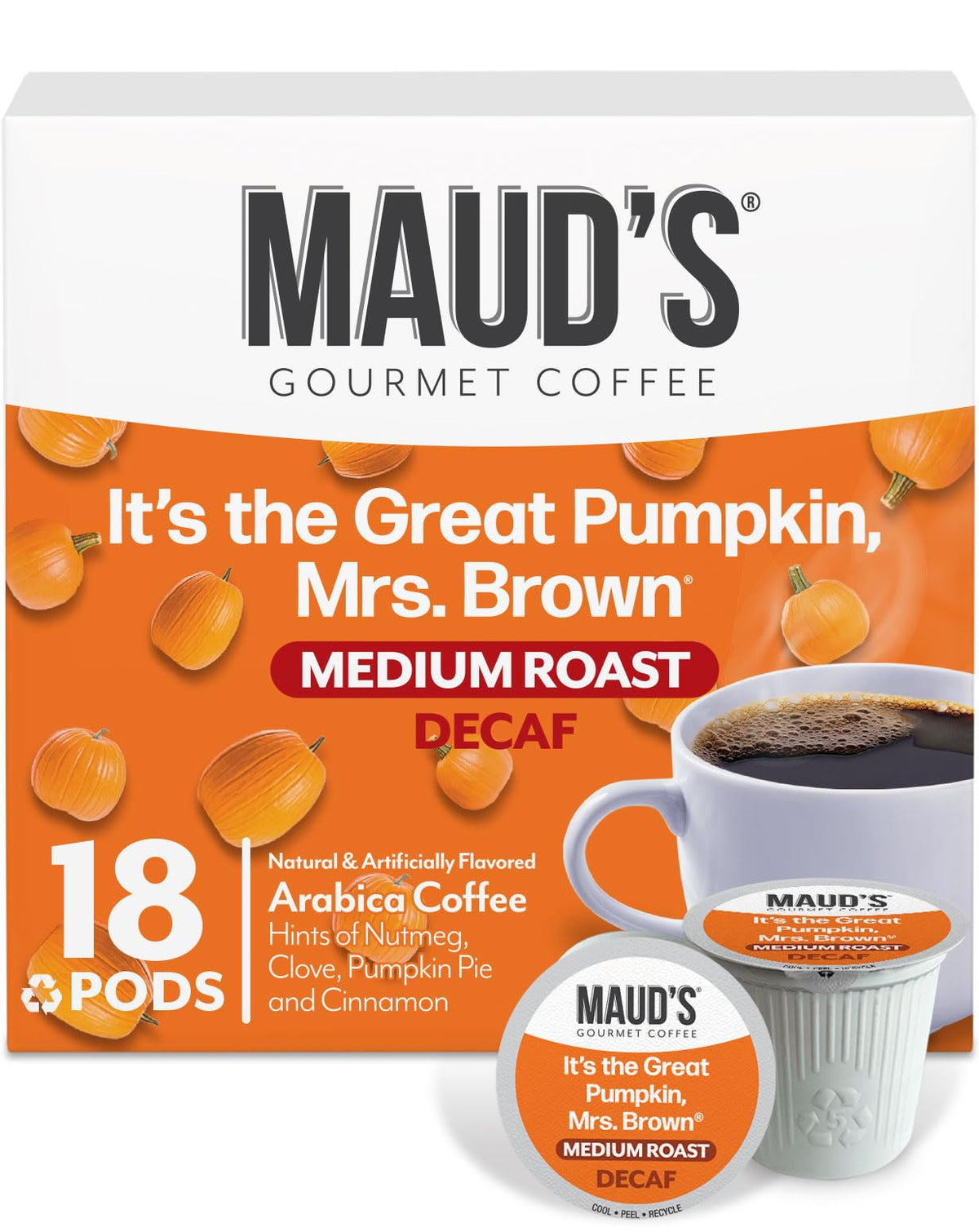 Maud's decaf pumpkin spice pods in box, convenient mornings with rich flavor