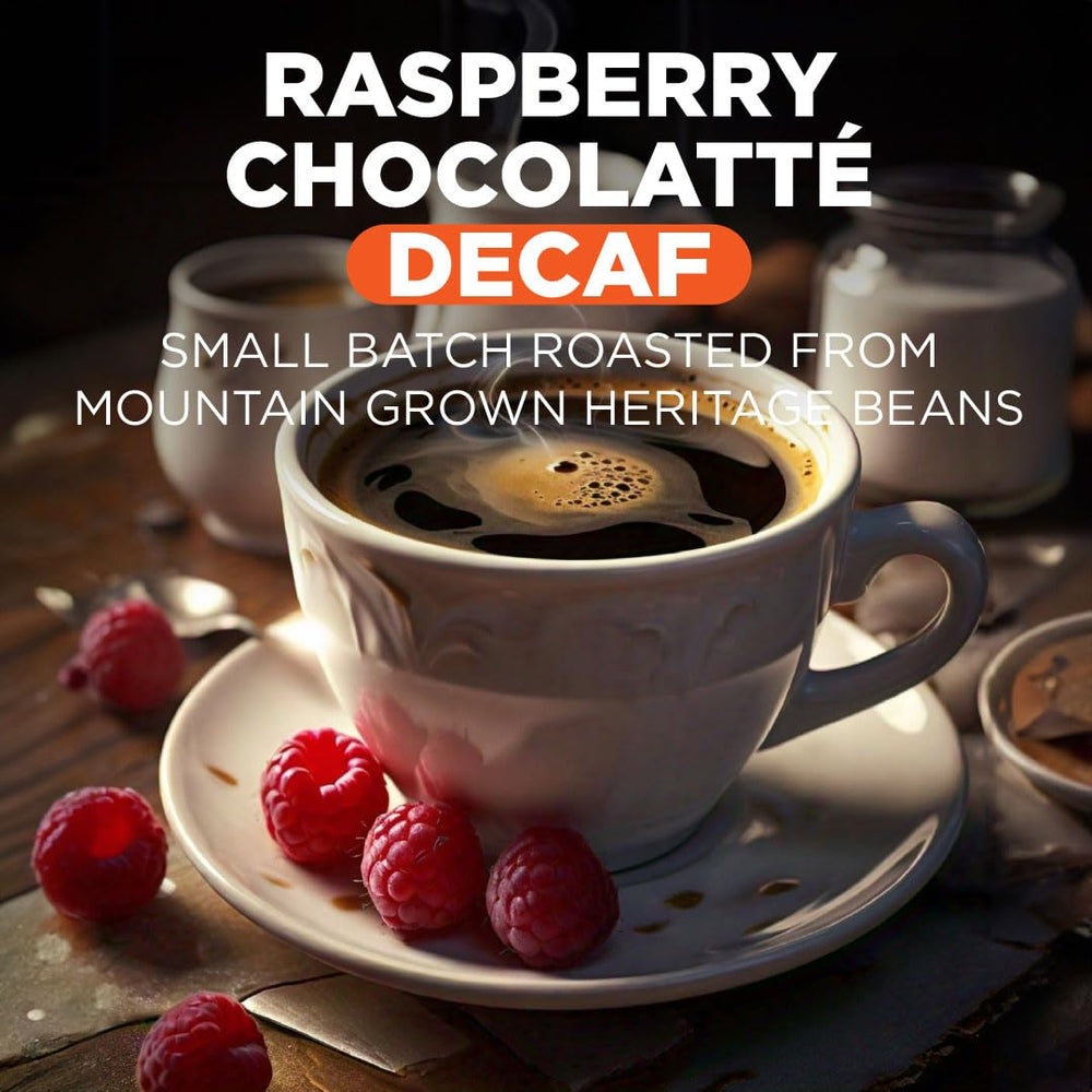 Close-up of Maud's decaf raspberry chocolate pod with wrapper detail
