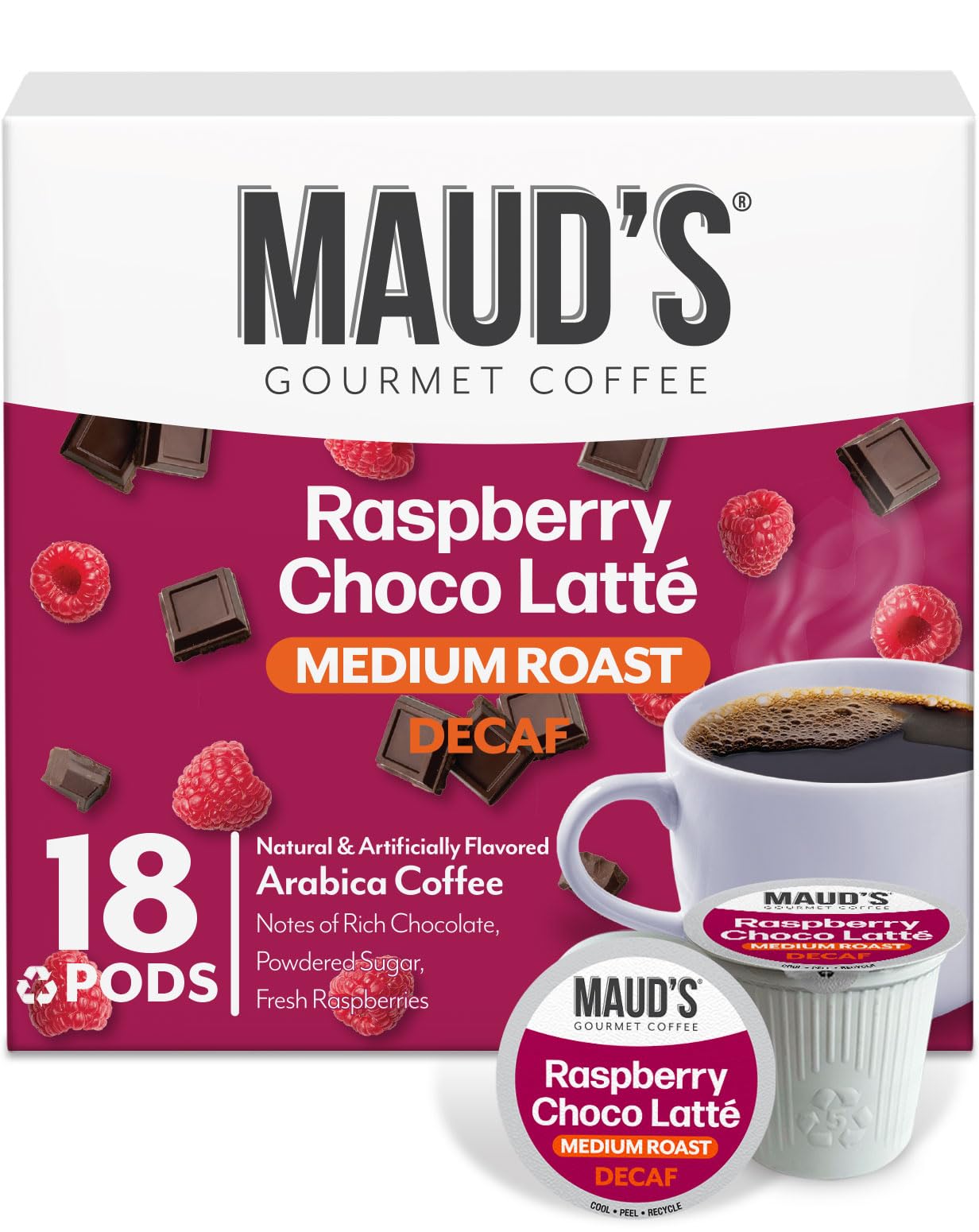 Maud's decaf raspberry chocolate pod front view showing flavor focus