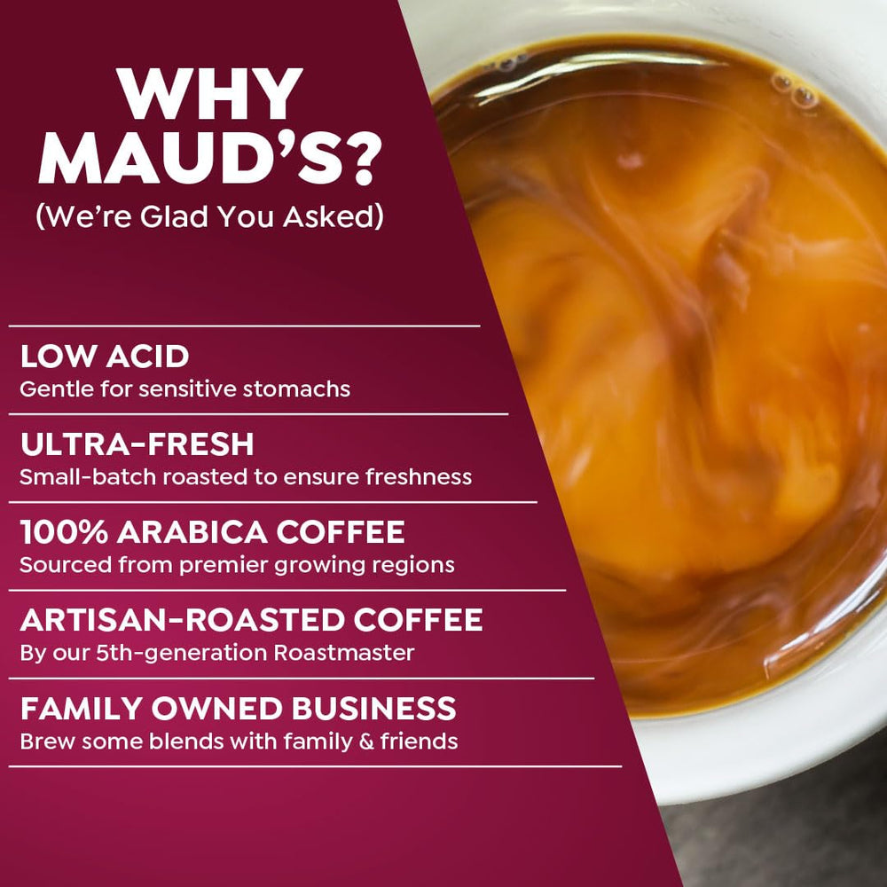 Maud's decaf raspberry chocolate pod in cup with rich aroma