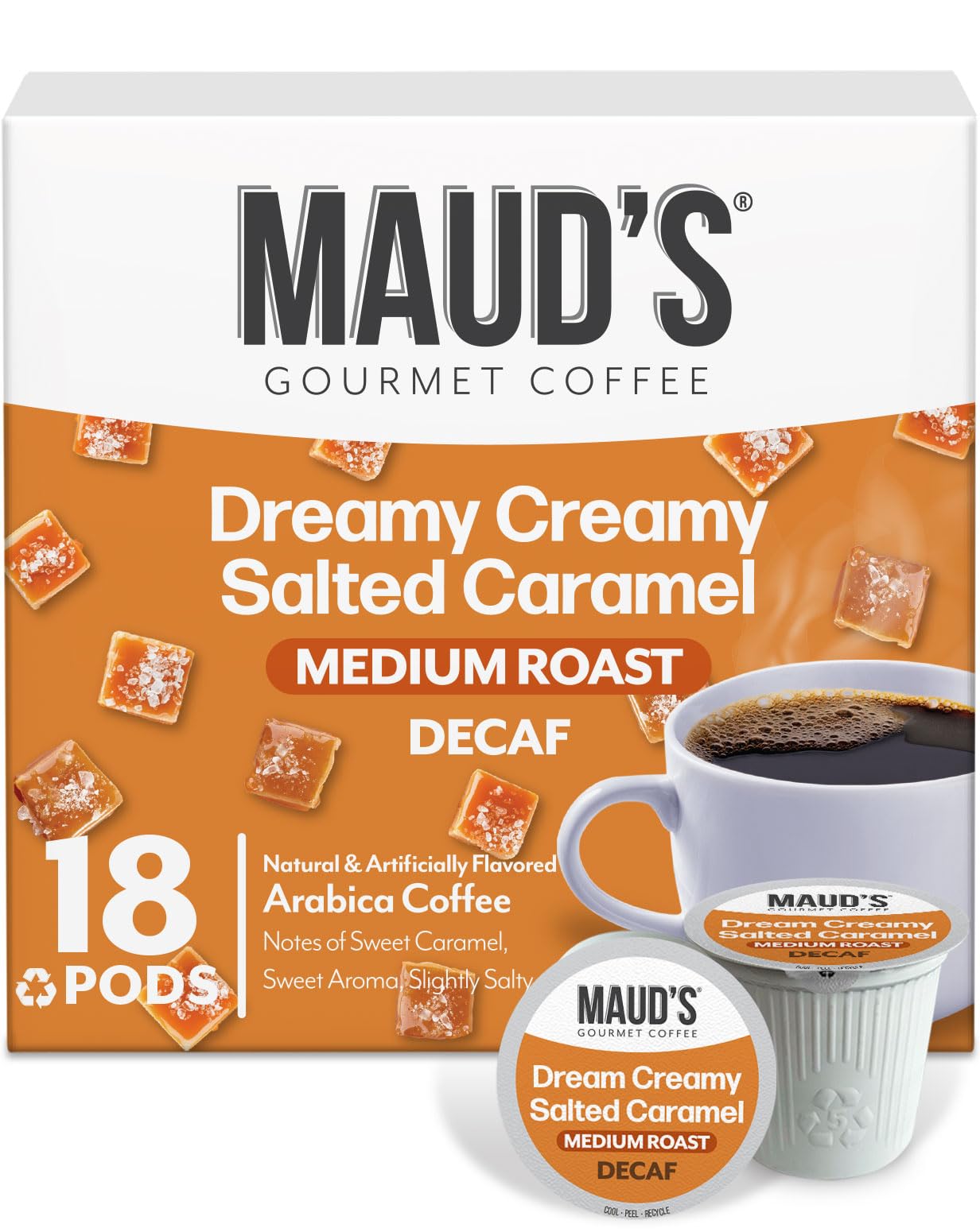 Maud's Decaf Salted Caramel pods in a box for quick, flavorful mornings
