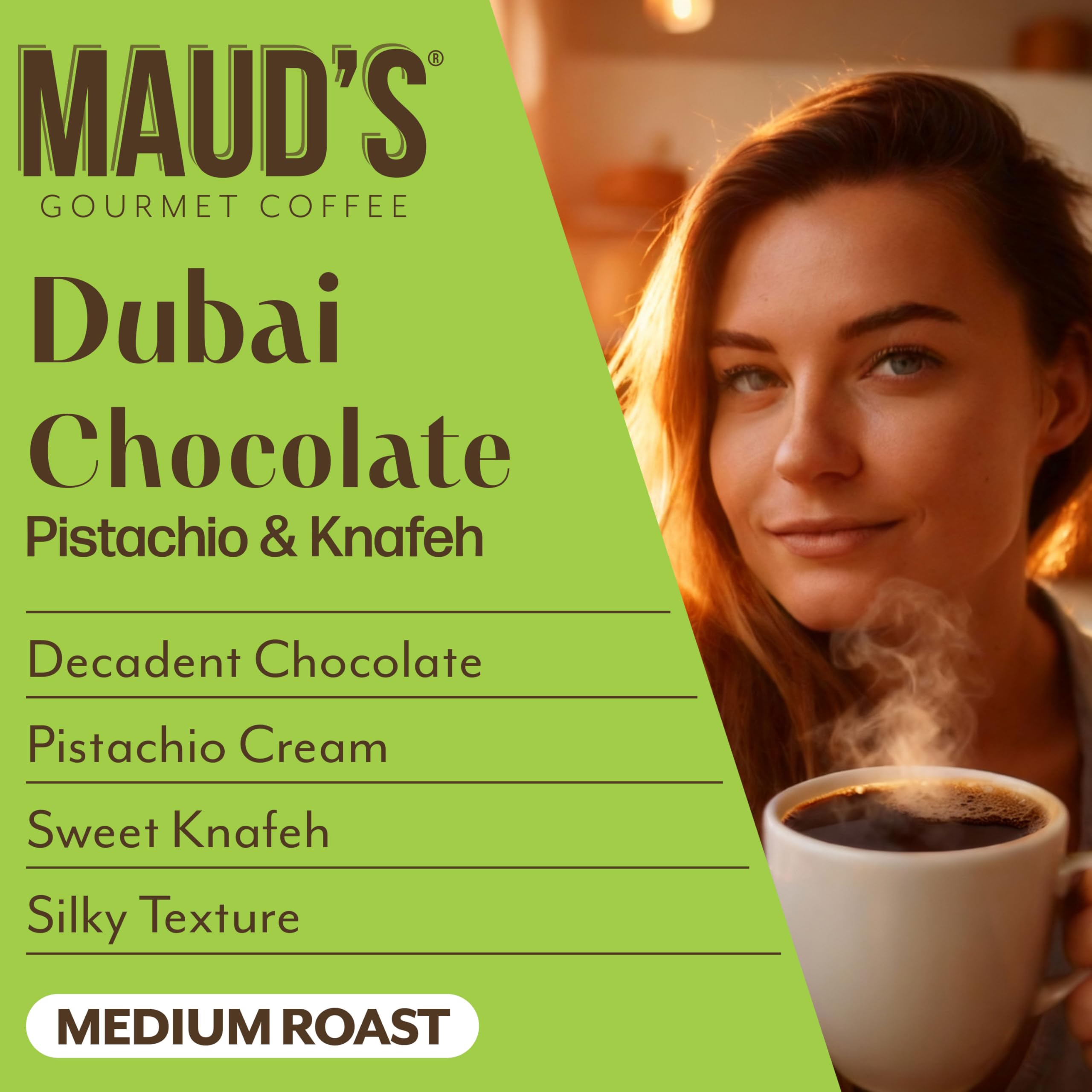 Brewing Maud's Dubai Chocolate coffee pod as coffee streams into a cup.