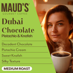 Brewing Maud's Dubai Chocolate coffee pod as coffee streams into a cup.