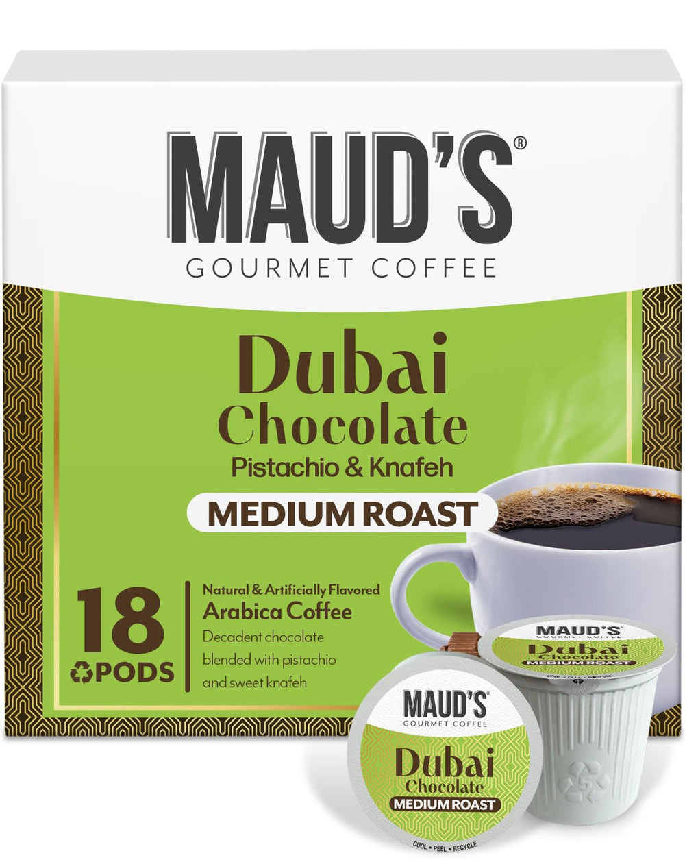 Maud's Dubai Chocolate coffee pods box front view with eco-friendly packaging.