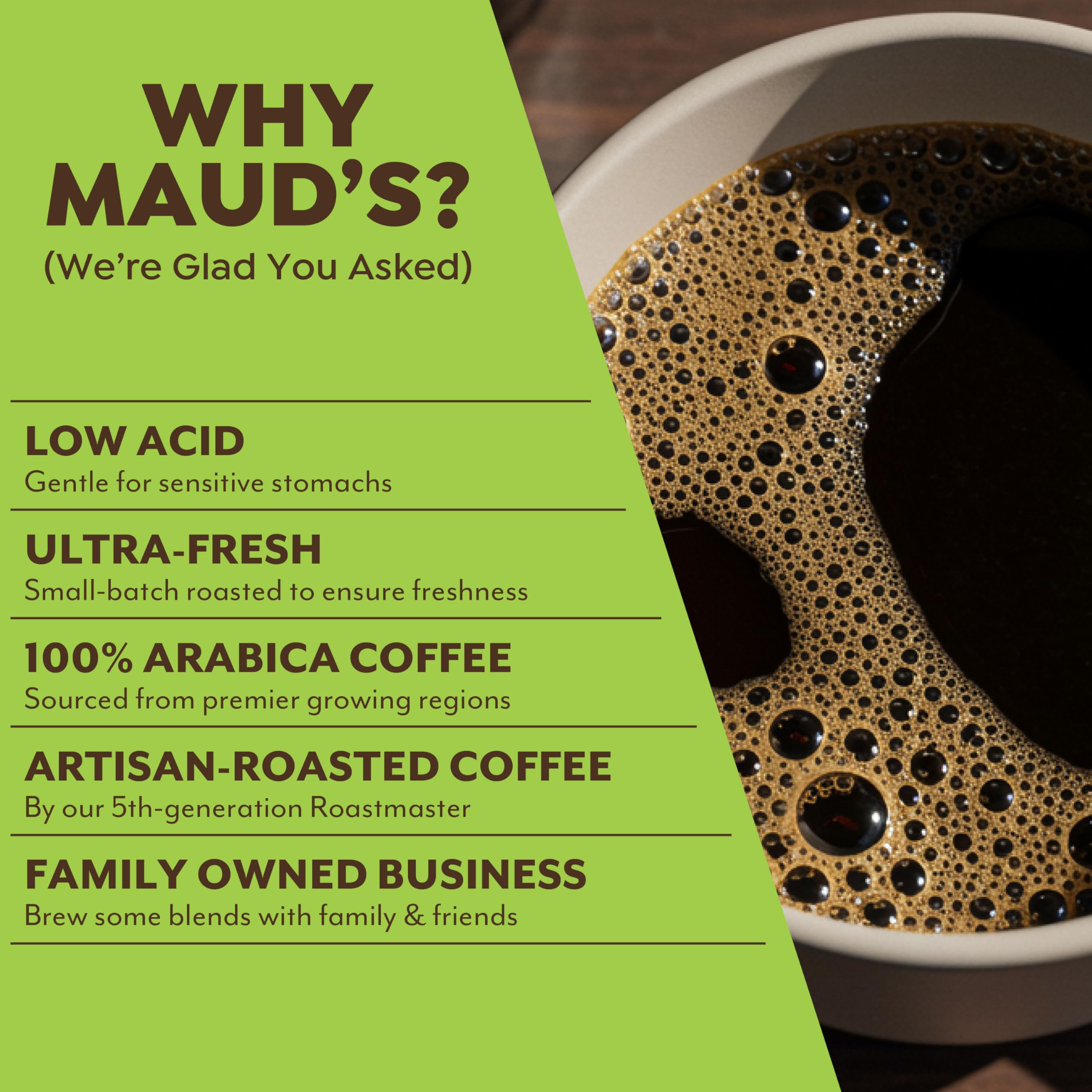 Steaming cup of Maud's Dubai Chocolate coffee showing rich cocoa notes.