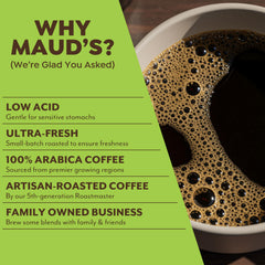 Steaming cup of Maud's Dubai Chocolate coffee showing rich cocoa notes.