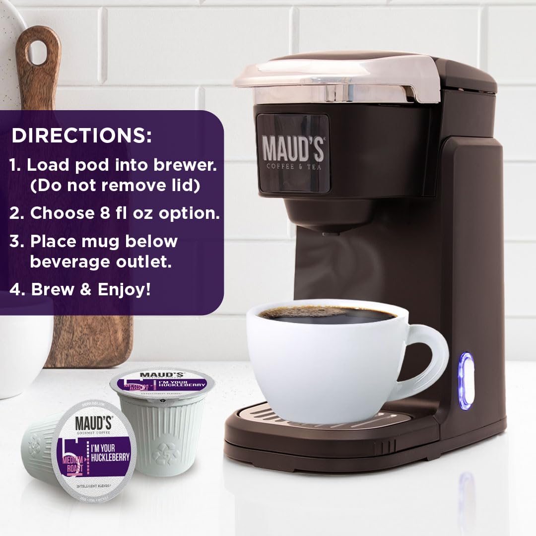 Maud's Huckleberry coffee pod in use, offering a flavorful brew with simple preparation.
