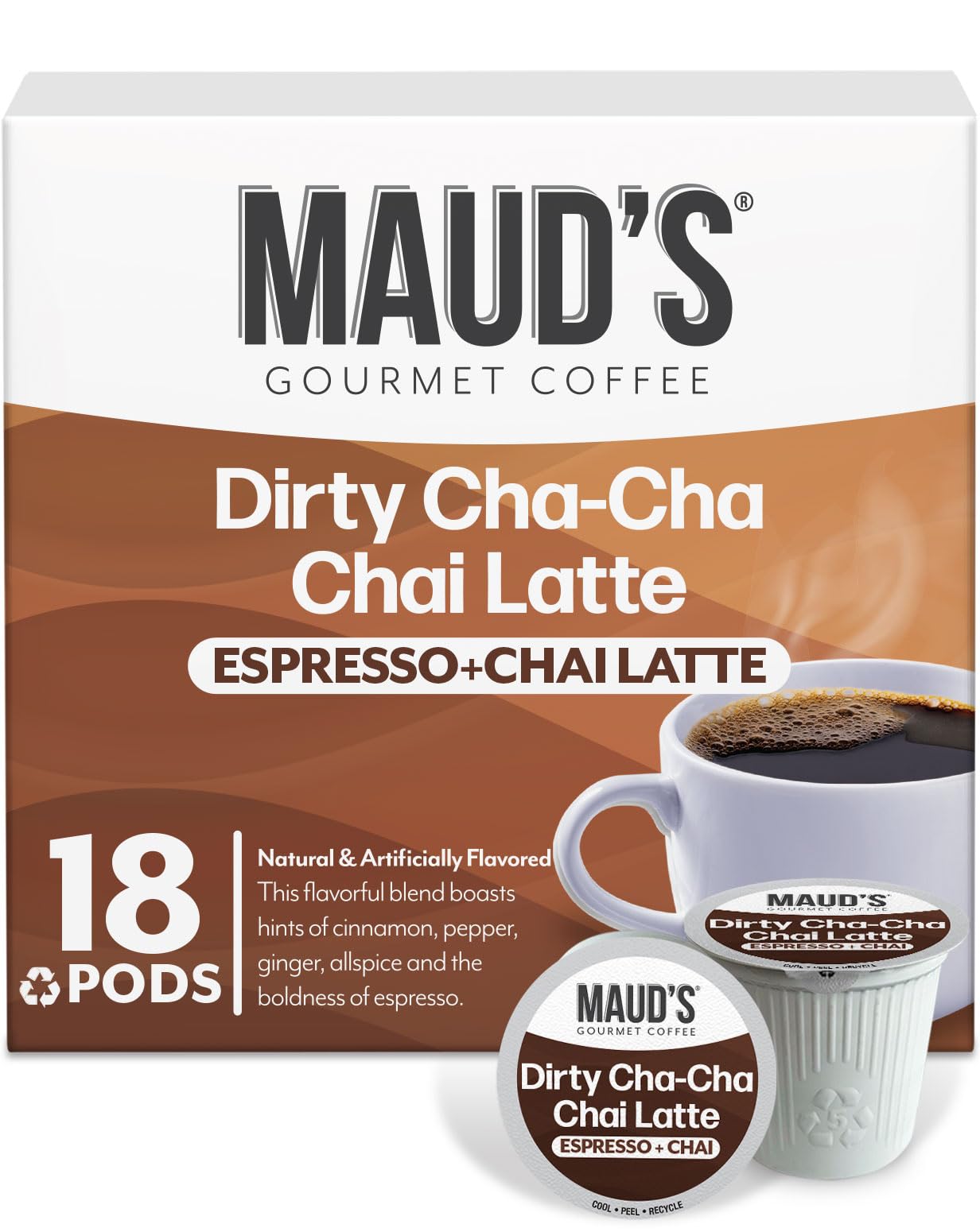 Maud's Espresso Chai Pods box front showcases premium blend for cafe-quality at home.
