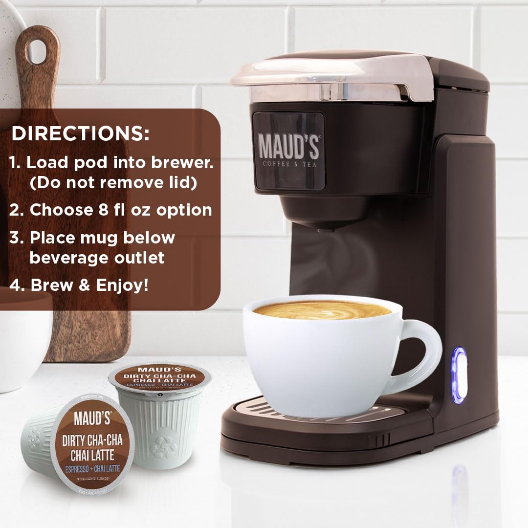 Maud's Espresso Chai Pods sleeve beside a brewed cup suggests consistent flavor.