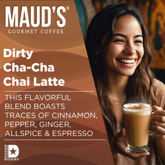 Maud's Espresso Chai Pods packaging with eco-friendly branding highlights sustainability.