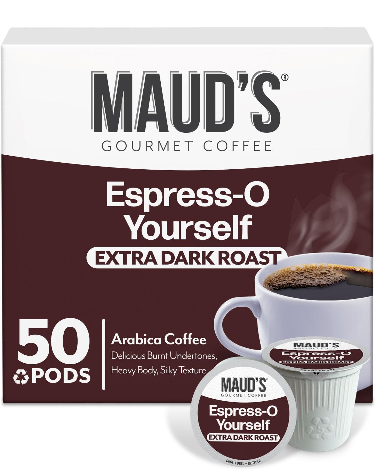 Maud's Espresso Roast pod package for convenient at-home brewing.