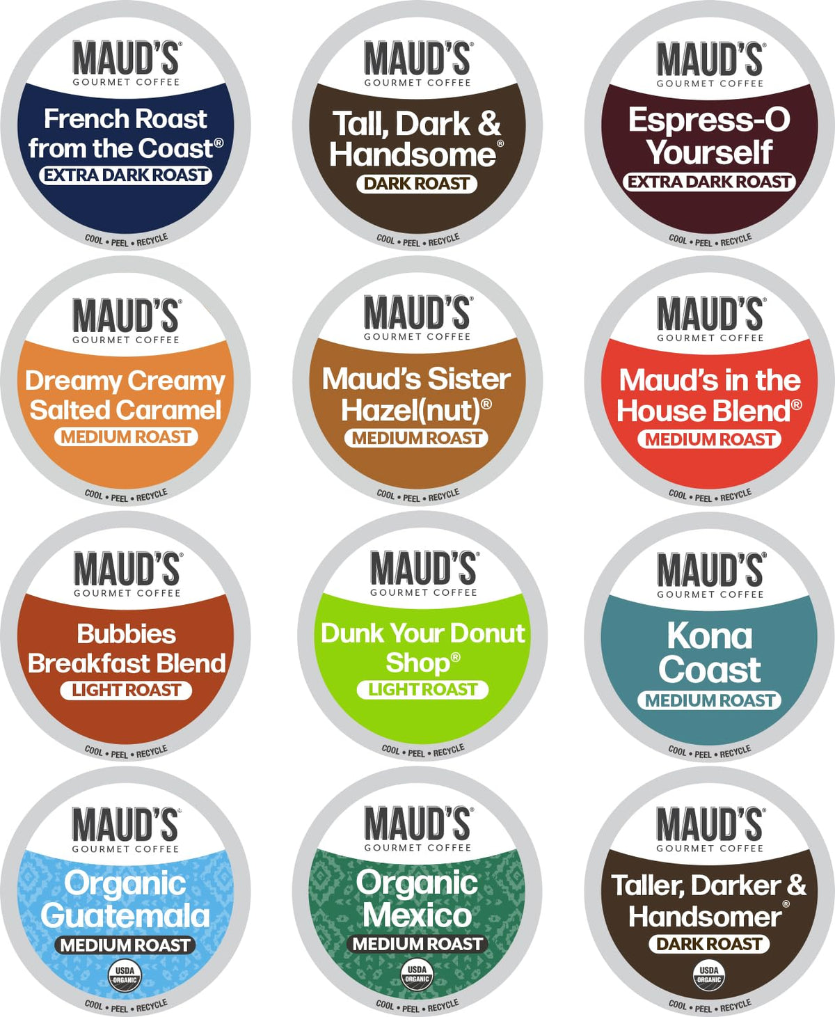Maud's Family Pack coffee pods show 12 flavors for convenient home tastings.
