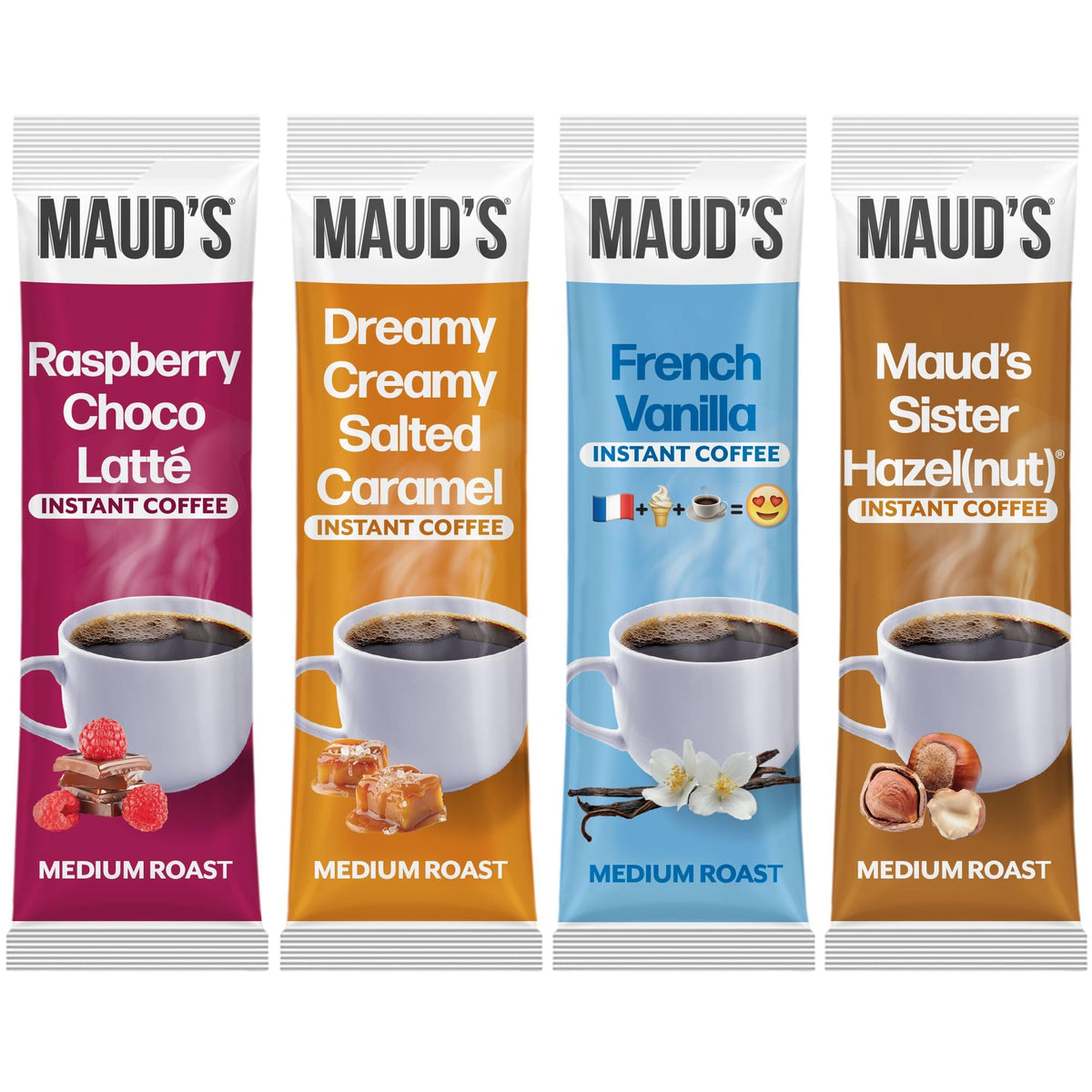 Maud's Flavored Instant Coffee Variety Pack caramel image – quick flavor boost for busy mornings.