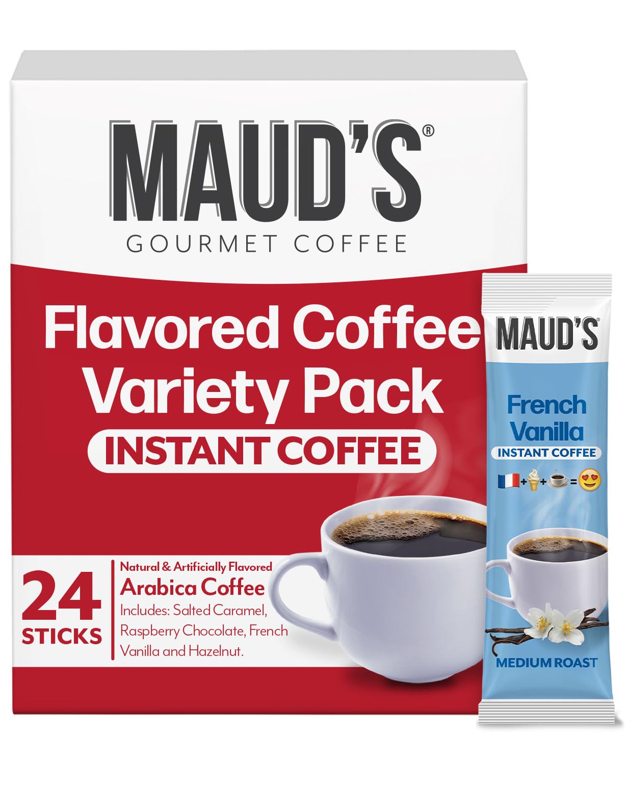 Maud's Hazelnut instant coffee packets – smooth aroma for cozy afternoons.