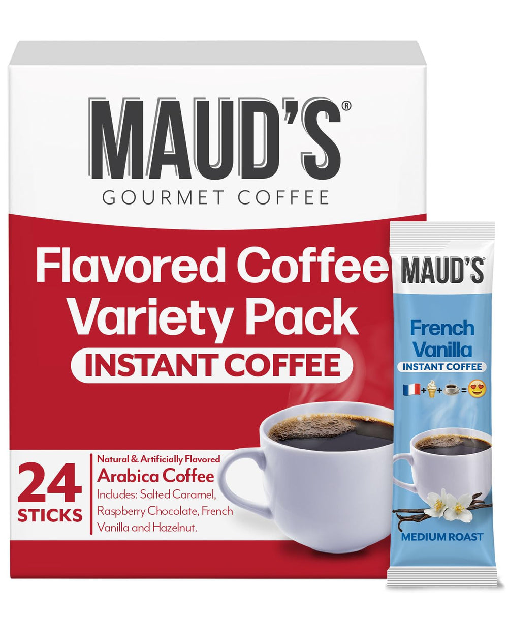 Maud's Hazelnut instant coffee packets – smooth aroma for cozy afternoons.