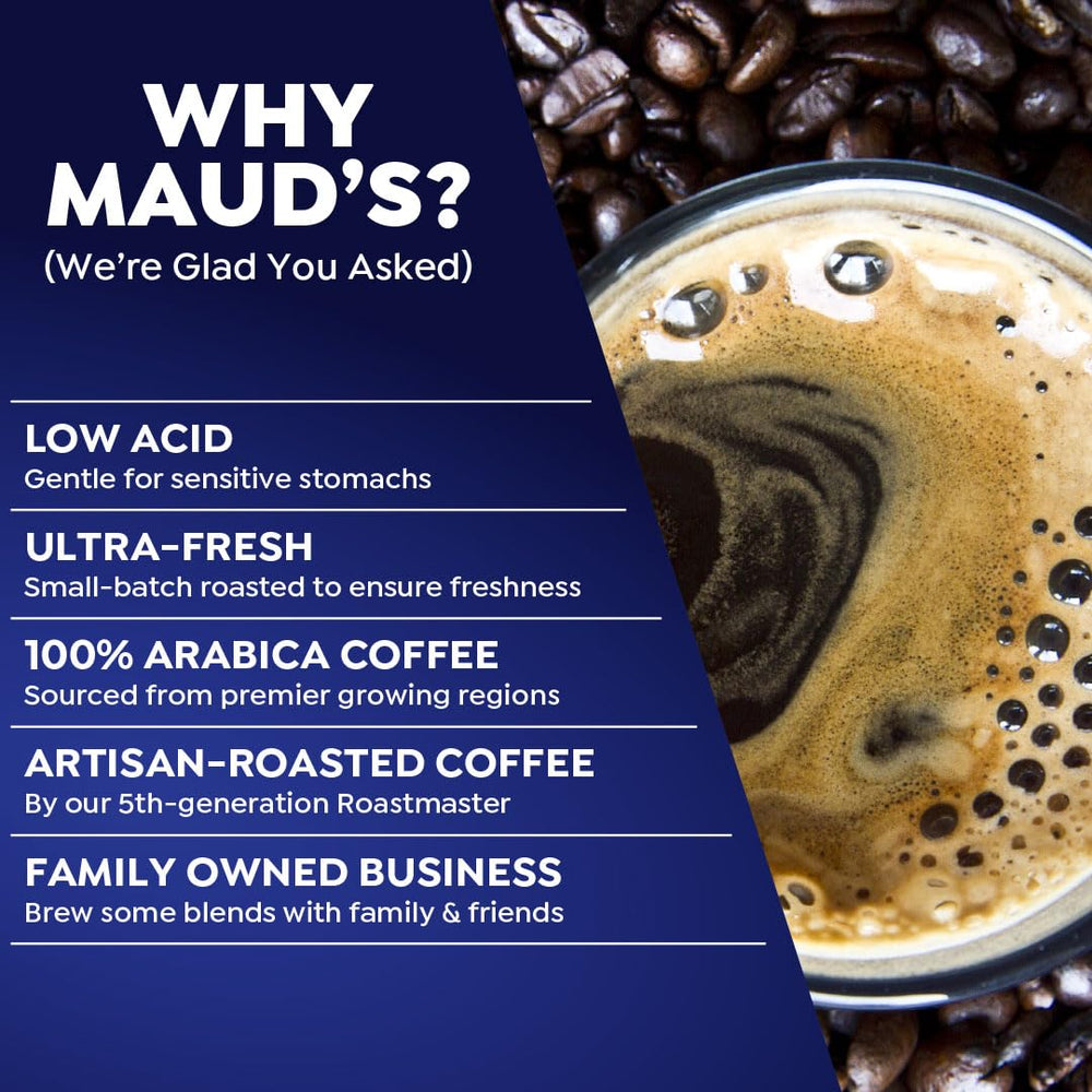 Maud's French Roast brewed cup steaming to evoke inviting aroma.