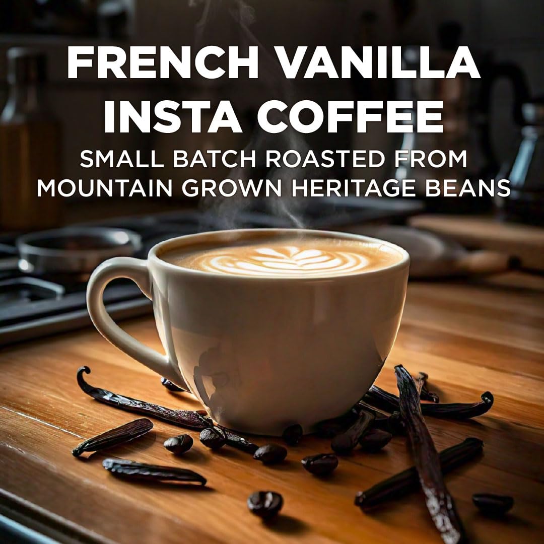 Maud's French Vanilla instant coffee cup steaming with rich aroma and flavor