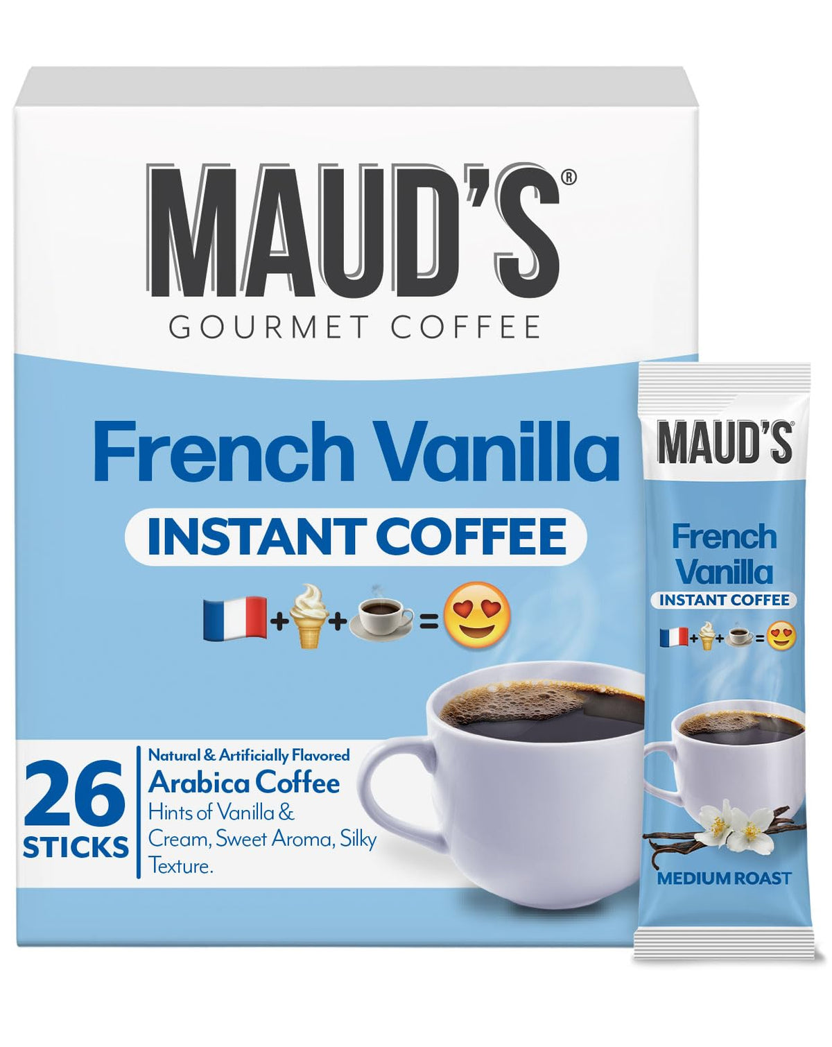 Maud's French Vanilla instant coffee packets for a quick morning caffeine fix