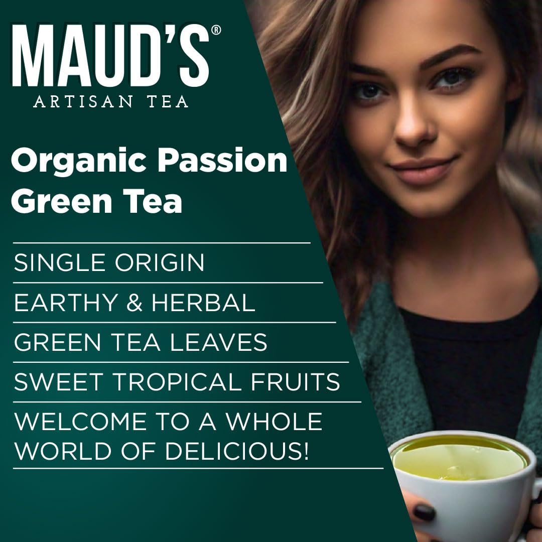 Brewed cup of Maud's green tea with tropical aroma.