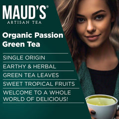 Brewed cup of Maud's green tea with tropical aroma.