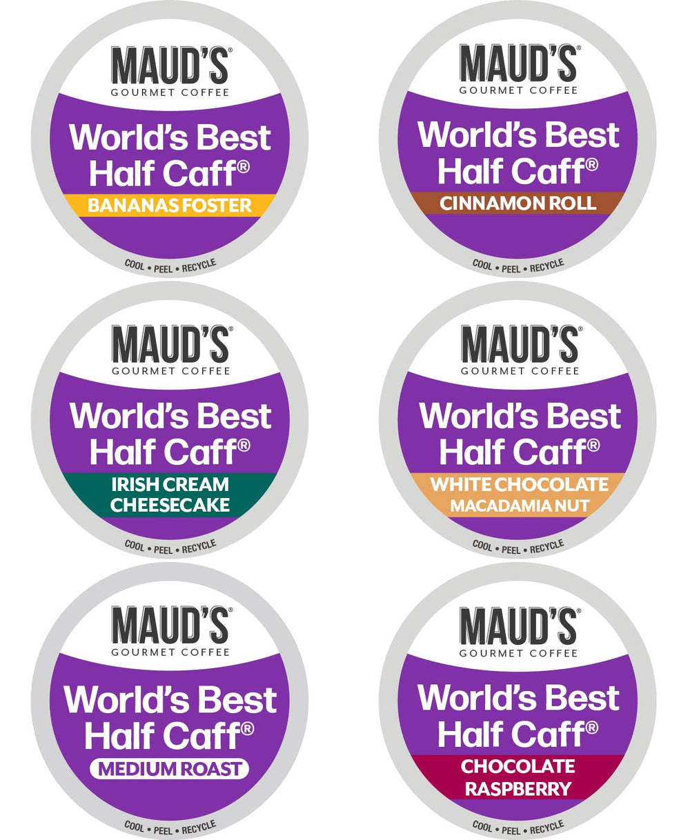 Maud's Half Caff six-flavors pack on a kitchen counter, ready for balanced mornings.