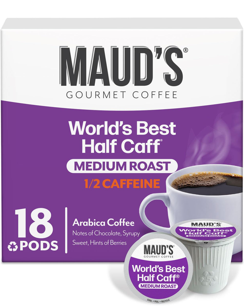 Maud's Half Caff Pods 18ct box showcases convenient home brewing.