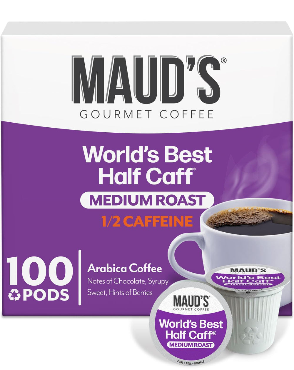 Maud's Half Caff pods close-up showing half-caffeine option