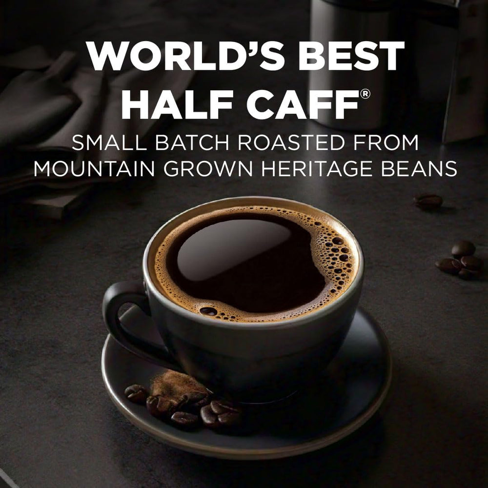 Maud's Half Caff Pods close-up highlights smooth flavor and portability.
