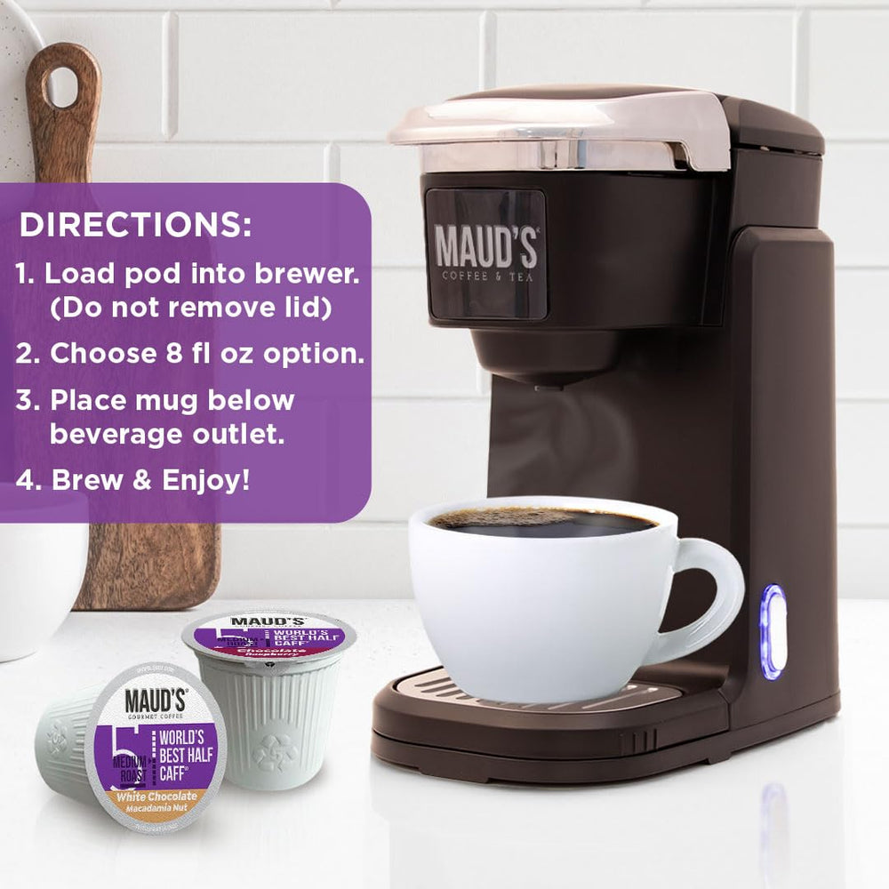 Maud's Half Caff white chocolate pod collection, showcasing creamy sweetness and steady taste.