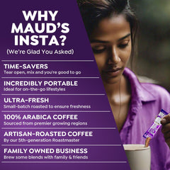Maud's Half Caffeine Instant Coffee uses 100% Arabica beans for smooth taste.