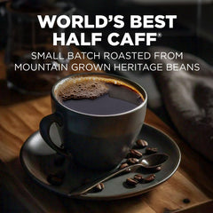Maud's Half Caffeine Instant Coffee cup steaming hot delivers balanced flavor.