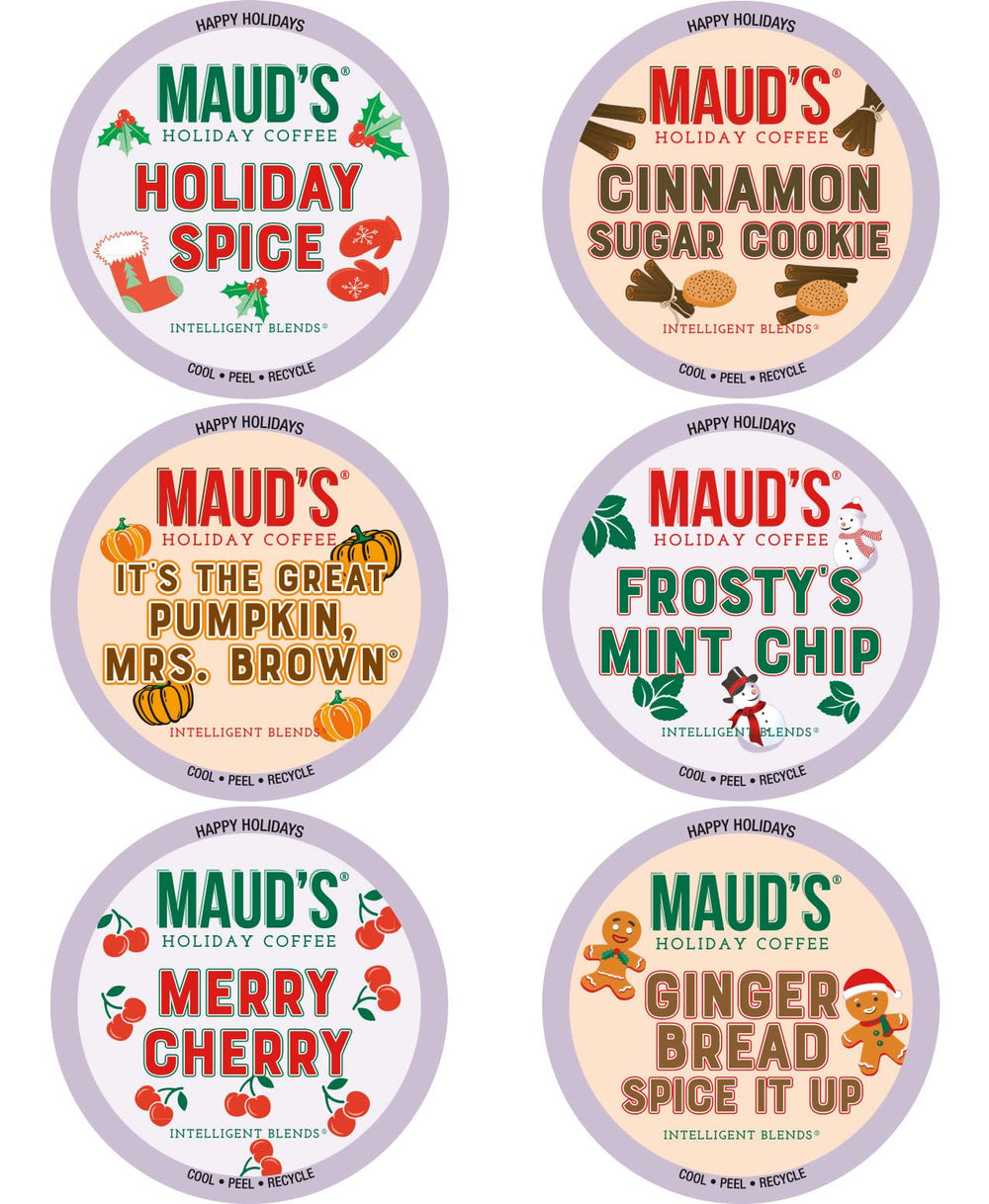 Maud's Holiday Blend pods collection for festive Keurig brews.